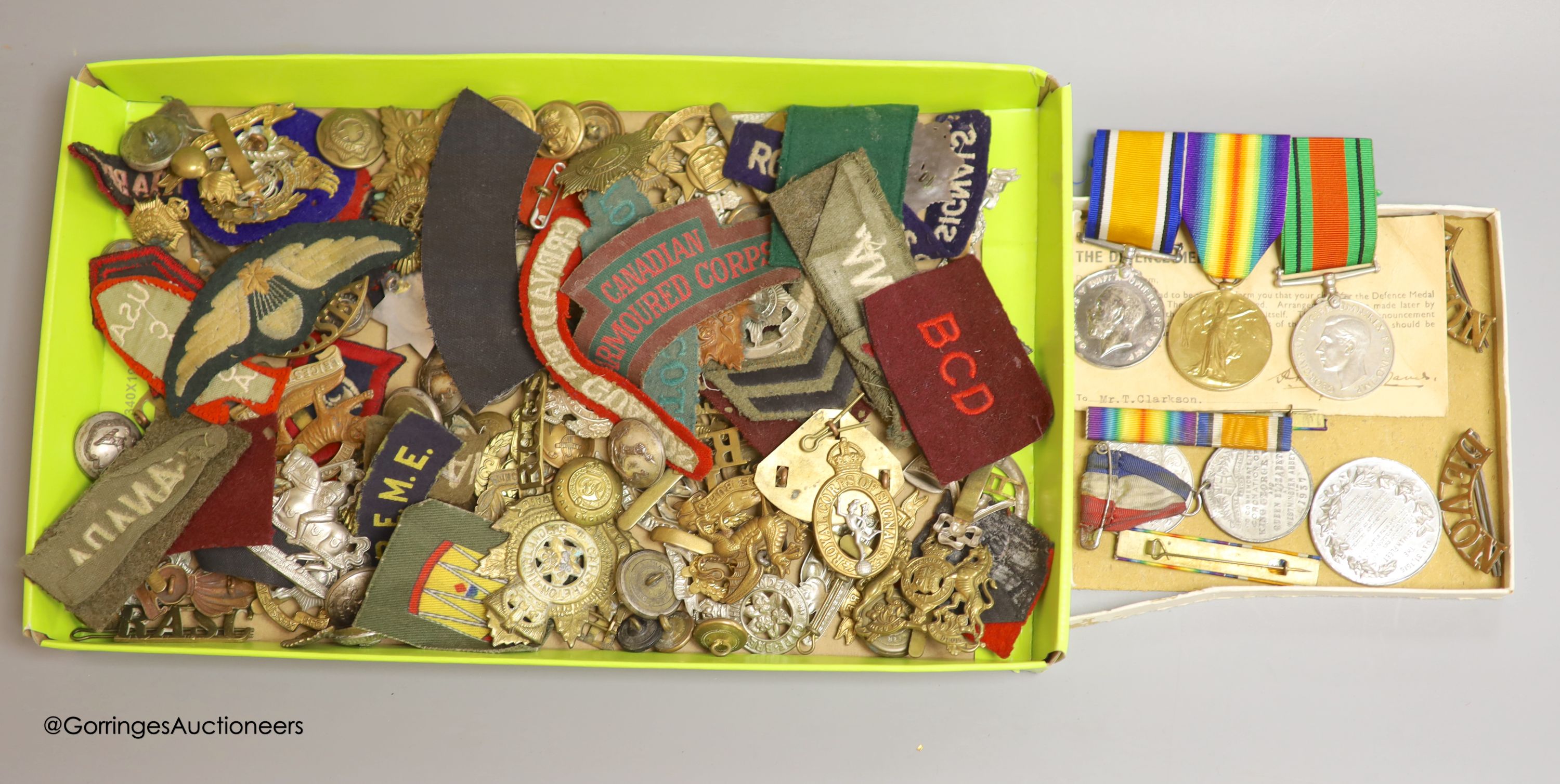 A trio of medals to 21783 Pte.R.Q.Clarkson. Wilts.R., cap badges etc